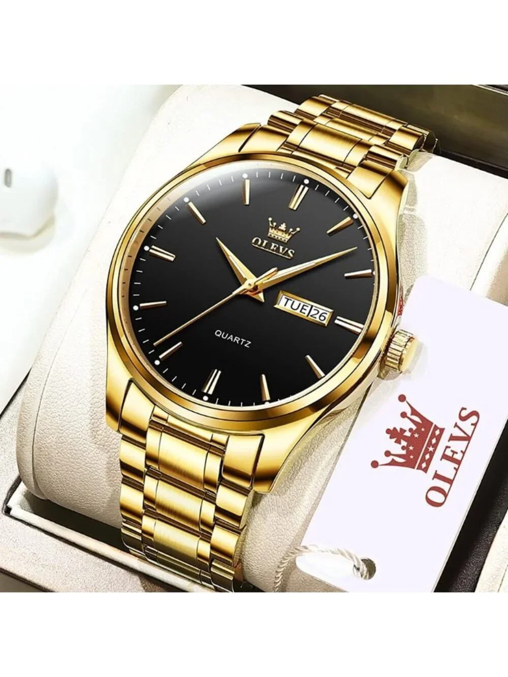 Men's Gold Black Stainless Steel Luminous Quartz Waterproof Round Classic Watch